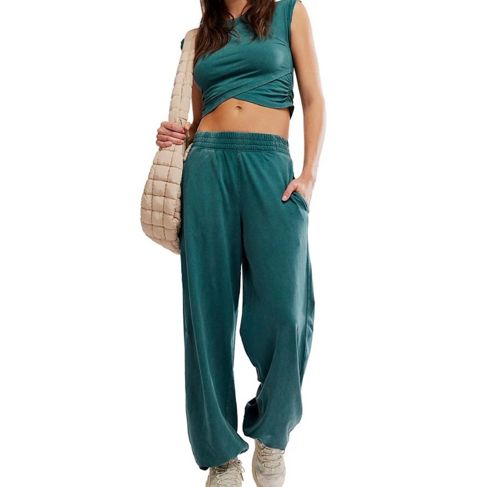 FP Movement by Free People Teal Green-Blue Crop Top and Joggers Set (S & M)